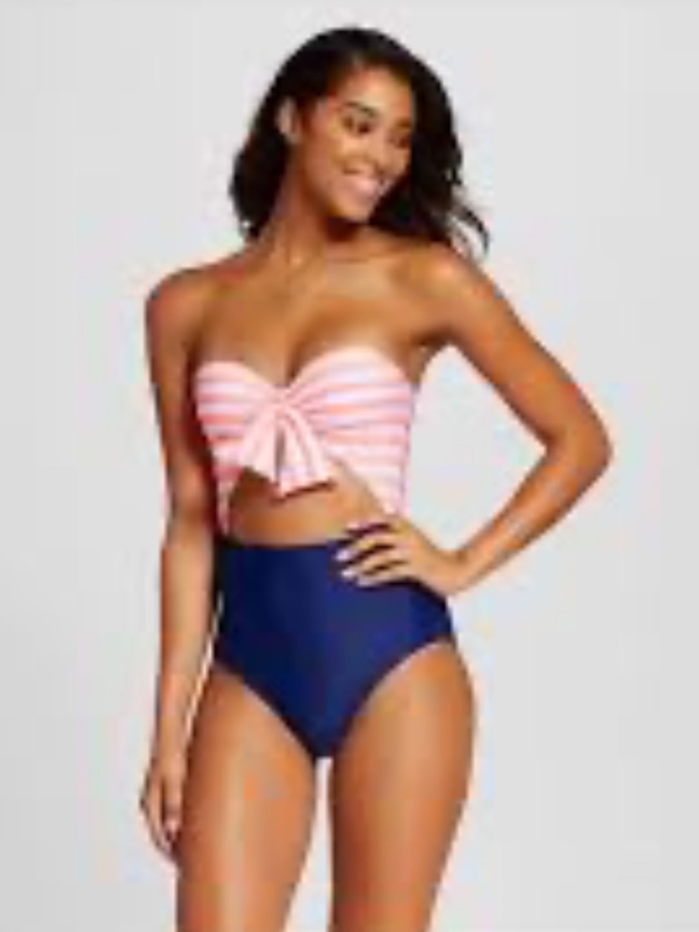 Xhilaration Pink Striped Tie-Front Bandeau & Navy High-Waist Swimsuit